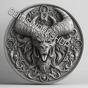 file di goffratura 3D STL+PNG di bestia demoniaca 4k, design di incisione laser a fibra, design di file di taglio laser per mappa di profondità di incisione di monete. Profondità EDC