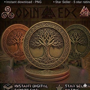 May include: Three circular metallic medallions featuring a detailed embossed tree of life design with intricate root and branch patterns. The medallions are displayed in bronze, gold, and silver tones, each framed by a decorative braided border.