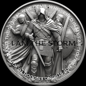 Pièce de monnaie « Je suis la tempête » du chevalier copte 4k png, fichiers de gaufrage 3D, motifs de gravure laser à fibre optique, fichier découpé au laser pour carte de profondeur de gravure de pièces de monnaie.