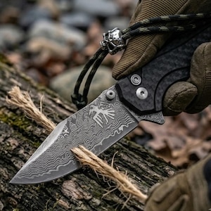 May include: A folding pocket knife with a Damascus steel blade featuring a bird-like engraving and a wavy pattern. The handle is black carbon fiber with silver hardware. A green paracord lanyard with a silver skull bead is attached to the end.