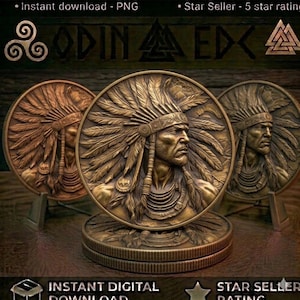 May include: Three circular bronze-toned medallions featuring a relief portrait of a person wearing a traditional feathered headdress. The central medallion is prominently displayed, while two others are positioned behind it on small metal stands.