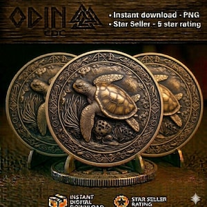 May include: Three circular bronze-toned medallions featuring a relief of a sea turtle swimming among seaweed. The border of each medallion displays intricate geometric patterns. Text at the top reads ODIN EDC, Instant download - PNG, Star Seller.