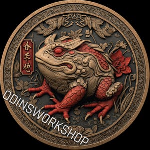 May include: A detailed, circular relief sculpture featuring a stylized frog with red and beige tones, surrounded by floral elements. The design includes the text "ODINSWORKSHOP" and Chinese characters. The overall aesthetic is ornate and artistic.