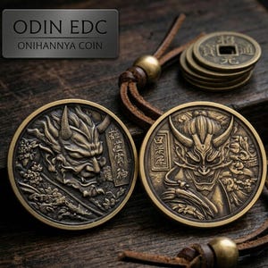 Odin EDC Onihannya Coin • 40mm Smooth Edge Brass Japanese Oni Hannya Mask Challenge Coin • Everyday Carry Samurai Pocket Piece