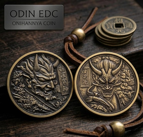 Odin EDC Onihannya Coin • 40mm Smooth Edge Brass Japanese Oni Hannya Mask Challenge Coin • Everyday Carry Samurai Pocket Piece