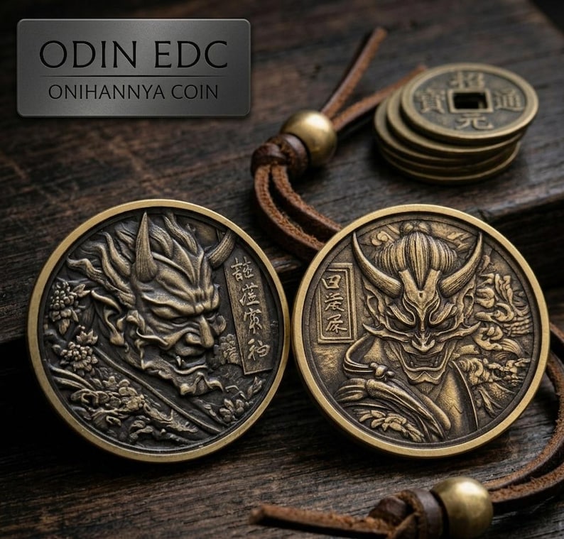 May include: Two circular bronze-toned metal coins featuring detailed relief carvings of horned oni masks. One coin shows a side profile of a mask, the other a front-facing mask with Japanese characters. A brown leather cord with a metal bead is attached.