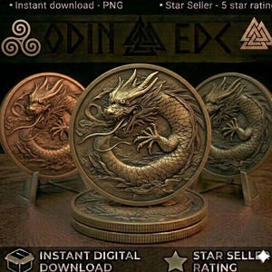 May include: Three circular metal coins featuring a relief of a coiled dragon. The central coin is gold-toned, while the flanking coins are copper and silver-toned. Each coin rests on a small stand, displaying intricate scales and flowing whiskers.