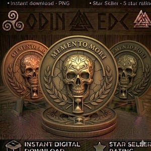 May include: Three circular bronze-toned coins featuring a central skull design with intricate filigree patterns. Each coin displays the text MEMENTO MORI, a small hourglass icon, and a laurel wreath border. The coins are stacked and displayed upright.