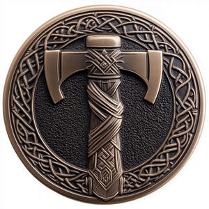 Puede incluir: Una moneda circular de metal de color bronce con un diseño en relieve de un hacha de doble cabeza con un borde de nudo celta.