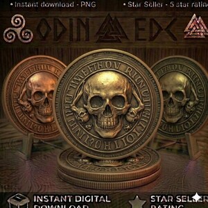 May include: Three circular metallic coins featuring a central human skull flanked by two smaller skulls. The coins display intricate runic inscriptions along the outer rim. The central coin is gold-toned, while the flanking coins are bronze and silver.