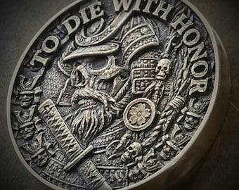 Skeleton Samurai, card gaurd. Antiqued brass,  EDC worry token. Challenge coin.  solid brass. Double sided