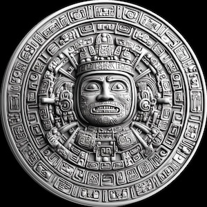 u- CALENDARIO AZTECA: archivos de relieve 3D, diseños de grabado láser de fibra, diseño de archivo de corte láser pirata con mapa de profundidad para grabado de monedas. Mapa de profundidad EDC.