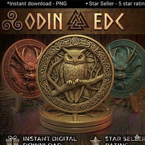 May include: Three circular medallions featuring relief designs. The central gold-toned medallion depicts an owl perched on a branch within a Celtic knot border. Flanking it are copper and teal medallions, each displaying a detailed dragon face.