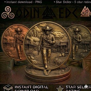May include: Three circular bronze-toned medallions featuring a relief design of a skeleton cowboy walking through a western town. The central medallion is larger and more detailed, showing the figure in the foreground with a desert landscape.