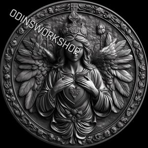 U- Sacred Heart Engel 4k 3D Prägedateien, Faserlasergravur Designs, Münzgravur Tiefenkarte Laserschnittdateidesign. EDC tiefen Karte