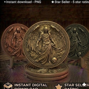May include: Three circular medallions featuring a relief design of a hooded, winged skeletal figure standing beside a skull. The central medallion is bronze-toned, while the flanking medallions appear in copper and dark metallic finishes.