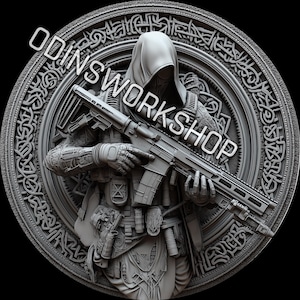 Fichiers de gaufrage 3D STL + PNG The Mercenary, conceptions de gravure laser à fibre optique, conception de fichier découpé au laser pour carte de profondeur de gravure de pièces de monnaie. Profondeur de l'EDC