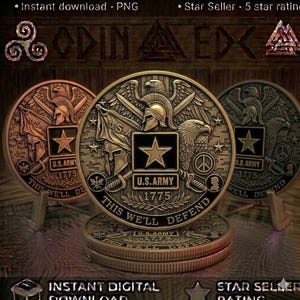 May include: Three circular metallic coins featuring a central star, a Spartan helmet, and an eagle. The text U.S. ARMY 1775 and THIS WE'LL DEFEND is embossed on the surface. The design includes crossed swords, flags labeled U.S.A., and a peace symbol.