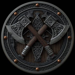 Puede incluir: Un escudo de madera circular con un borde metálico detallado y remaches. Dos hachas cruzadas con diseños intrincados están centradas en el escudo. Las hachas tienen mangos de madera y hojas de metal, creando un tema vikingo o medieval.