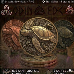 May include: Three circular medallions featuring a relief design of a sea turtle swimming among coral and sea life. The central medallion is gold-toned, while the flanking medallions appear in copper and dark bronze tones, all displayed on stands.