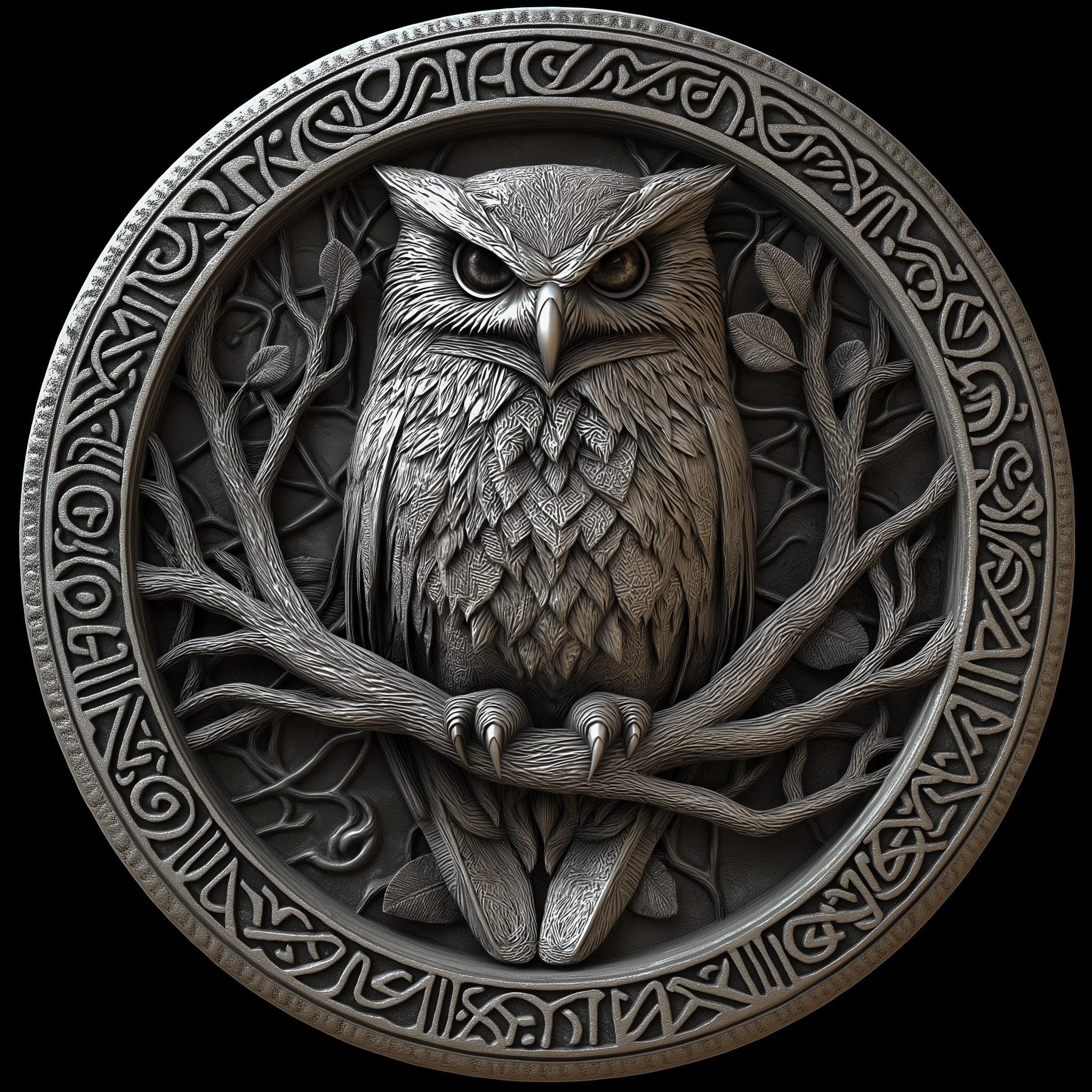 Norse Owl Coin Design: 3D Embossing, Laser Engraving (PNG)