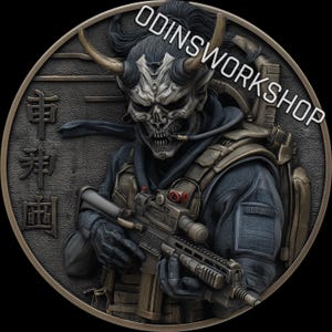 May include: A detailed, circular relief sculpture featuring a warrior with a horned skull mask, holding a rifle. The figure is clad in tactical gear, with the text "ODINSWORKSHOP" and Chinese characters. The color palette includes shades of gray, black, and bronze.