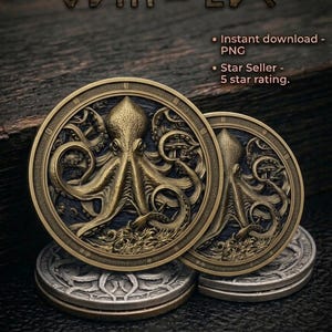 May include: Two circular metallic medallions featuring a raised relief of an octopus with tentacles swirling over a dark textured background. The text ODIN EDX is visible at the top, along with the labels Instant download - PNG and Star Seller - 5 star rating.