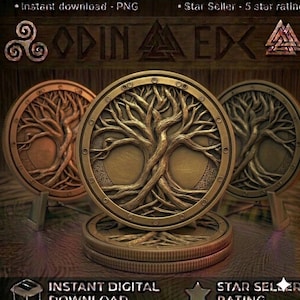 May include: Three circular metallic medallions featuring a detailed relief of a tree with intricate roots and branches. The central medallion is gold-toned, while the flanking medallions appear in copper and bronze tones, all displayed on small stands.