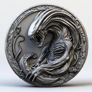 U- Xénomorphe extraterrestre. STL+PNG. Fichiers de gaufrage 3D pour pièces de monnaie, conceptions de gravure laser à fibre optique, conception de fichiers découpés au laser pour carte de profondeur de gravure de pièces de monnaie.