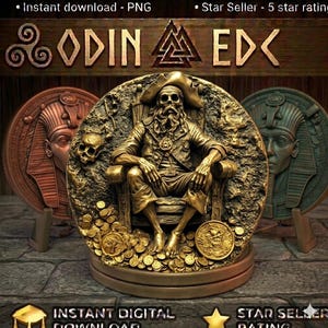 May include: A circular gold-toned relief sculpture featuring a skeletal pirate figure seated on a throne surrounded by coins and a skull. The design includes the text ODIN EDC and a triangular symbol. Two additional circular reliefs are visible behind.