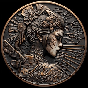 U-EDO GEISHA krijger op munt 3D-reliëfbestanden, ontwerpen voor fiberlasergravure, ontwerp voor dieptekaart muntgravure met lasergesneden bestand.