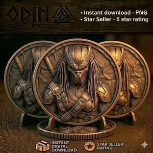 May include: A circular bronze-toned medallion featuring a relief sculpture of a Predator creature with dreadlocks and armor. The text ODIN EDC is visible at the top left. The image includes text stating Instant download - PNG and Star Seller - 5 star rating.