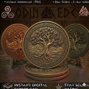 May include: Three circular bronze-toned medallions featuring a detailed relief of a tree with exposed roots and mountain silhouettes. The border of each medallion displays an intricate braided pattern. The text ODIN EDC is visible.