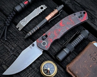 Navaja plegable San Mai personalizada de fibra de carbono roja con bloqueo de eje / Navaja táctica plegable Shred CF para uso diario, regalo para hombres EDC