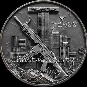 May include: A silver-toned coin featuring a detailed image of a skyscraper, a rifle, and the text "Nakatomi Tower", "1988", and "Christmas Party Survivor".
