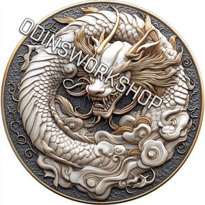 Pièce shinto japonaise U-ryujin. Fichiers de gaufrage 3D, conceptions de gravure laser à fibre optique, conception de fichier découpé au laser pour carte de profondeur de gravure de pièces de monnaie. EDC