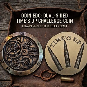 Könnte beinhalten: Zwei Messing-Challenge-Coins mit einem Steampunk-Zahnradrelief auf der einen Seite und dem Text TIME'S UP mit drei Patronen-Illustrationen mit der Aufschrift ISIS, HAMAS und AL-QAEDA auf der anderen. Die Münzen liegen neben einer Messinghülse.