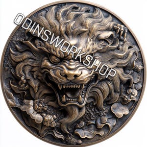 U- Shintoistischer Löwehund. Komainu Japanische 3D-Prägedateien, Faserlasergravurdesigns, Gravurtiefe Karte Laserschnittdateidesign. EDc