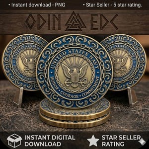 May include: Three circular challenge coins featuring the United States Navy emblem in antique brass and blue enamel. Each coin displays an eagle, shield, and anchor with the text United States Navy, Honor, Courage, and Commitment.