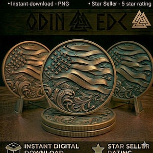 May include: Three circular bronze-toned coins featuring a relief design of a waving American flag with stars and stripes, accented by swirling floral patterns at the base. The coins are displayed on small stands with a textured, metallic finish.