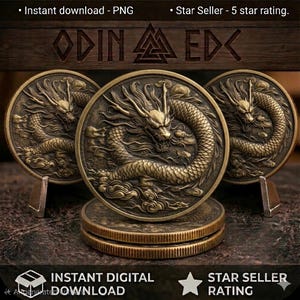 May include: Three circular bronze-toned coins featuring a detailed relief of a coiled dragon surrounded by clouds. The coins have a textured, metallic finish with visible ridges along the edges. The central coin is positioned in front of two others.