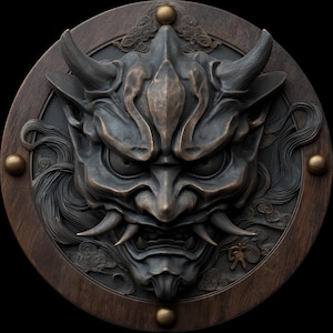 May include: A detailed, bronze-colored Oni mask sculpture with horns, fangs, and intense eyes, set within a dark wooden circular frame. The mask features intricate details and is accented with gold-colored studs. The overall design evokes Japanese folklore and demon imagery.