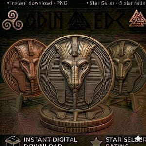 Puede incluir: Tres medallones circulares en tonos bronce con un relieve de una cabeza canina similar a Anubis que lleva un tocado tradicional. El medallón central se muestra de forma prominente, mientras que otros dos están colocados ligeramente detrás sobre pequeños soportes.