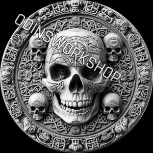 u- Sugar Skulls kryptisch, Dia De Los Muertos 4K PNG & STL 3d Prägedateien, Faserlaser Gravur Designs, Münzgravur Tiefenkarte l