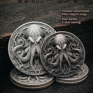 May include: Two circular silver-toned medallions featuring a detailed relief of an octopus with tentacles extending to the edges. The text ODIN EDX is at the top. Additional text includes Instant download - PNG depth map and Star Seller - 5 star rating.