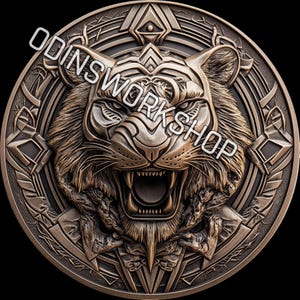 Diseño de relieve 3D de Tiger Coin: Archivos de grabado láser de fibra (PNG, STL)