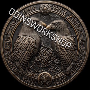 Fichier de gaufrage 3D HUGGIN MUNINN pour pièce de monnaie U-Viking, motifs de gravure laser à fibre optique, motif de fichier vikinG de carte de profondeur de gravure. Carte de profondeur EDC