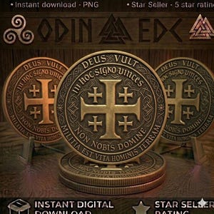 May include: Three circular bronze-toned medallions featuring a central Jerusalem cross surrounded by intricate filigree patterns and the Latin text DEUS VULT, IN HOC SIGNO VINCES, and NON NOBIS DOMINE, NON NOBIS SED VITA HOMINIS TERRAM.
