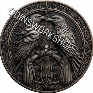 Fichier de gaufrage 3D HUGGIN MUNINN pour pièce de monnaie U-Viking, motifs de gravure laser à fibre optique, motif de fichier vikinG de carte de profondeur de gravure. Carte de profondeur EDC