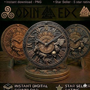 May include: Three circular bronze-toned medallions featuring Roman numerals, a central sunburst design, a skeletal hand, and a skull. The text ODIN EDC is visible at the top, along with a triskelion and a valknut symbol. The medallions are displayed on stands.